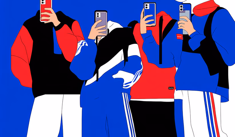 Group of people taking photos with smartphones, representing social media influence in streetwear culture.