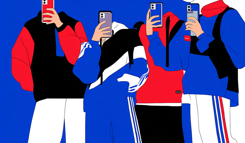 Group of people taking photos with smartphones, representing social media influence in streetwear culture.
