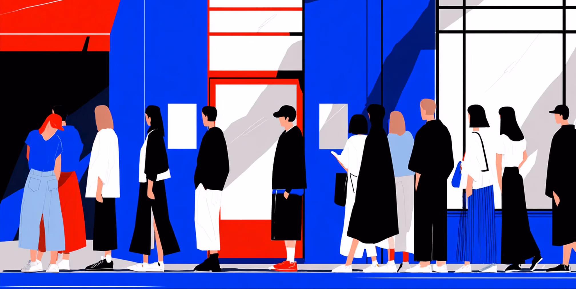 Crowd gathered outside a retail storefront, representing hype culture, product drops, and brand demand.