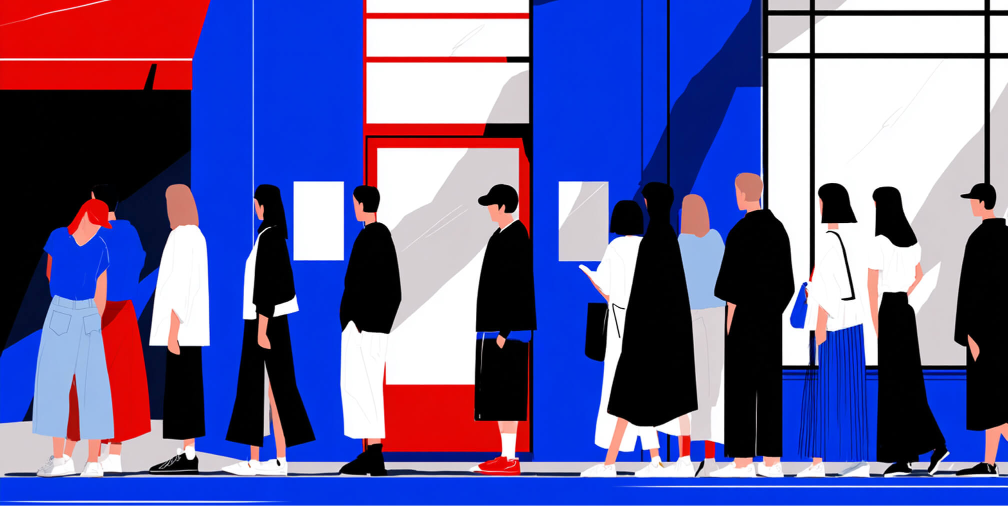 Crowd gathered outside a retail storefront, representing hype culture, product drops, and brand demand.