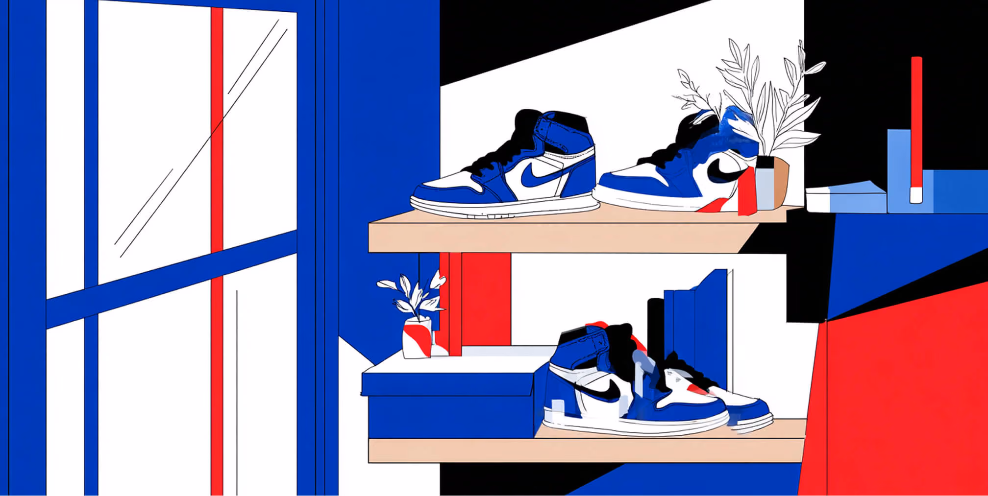 Sneakers displayed on shelves in a modern retail setting, representing product merchandising in streetwear brands.