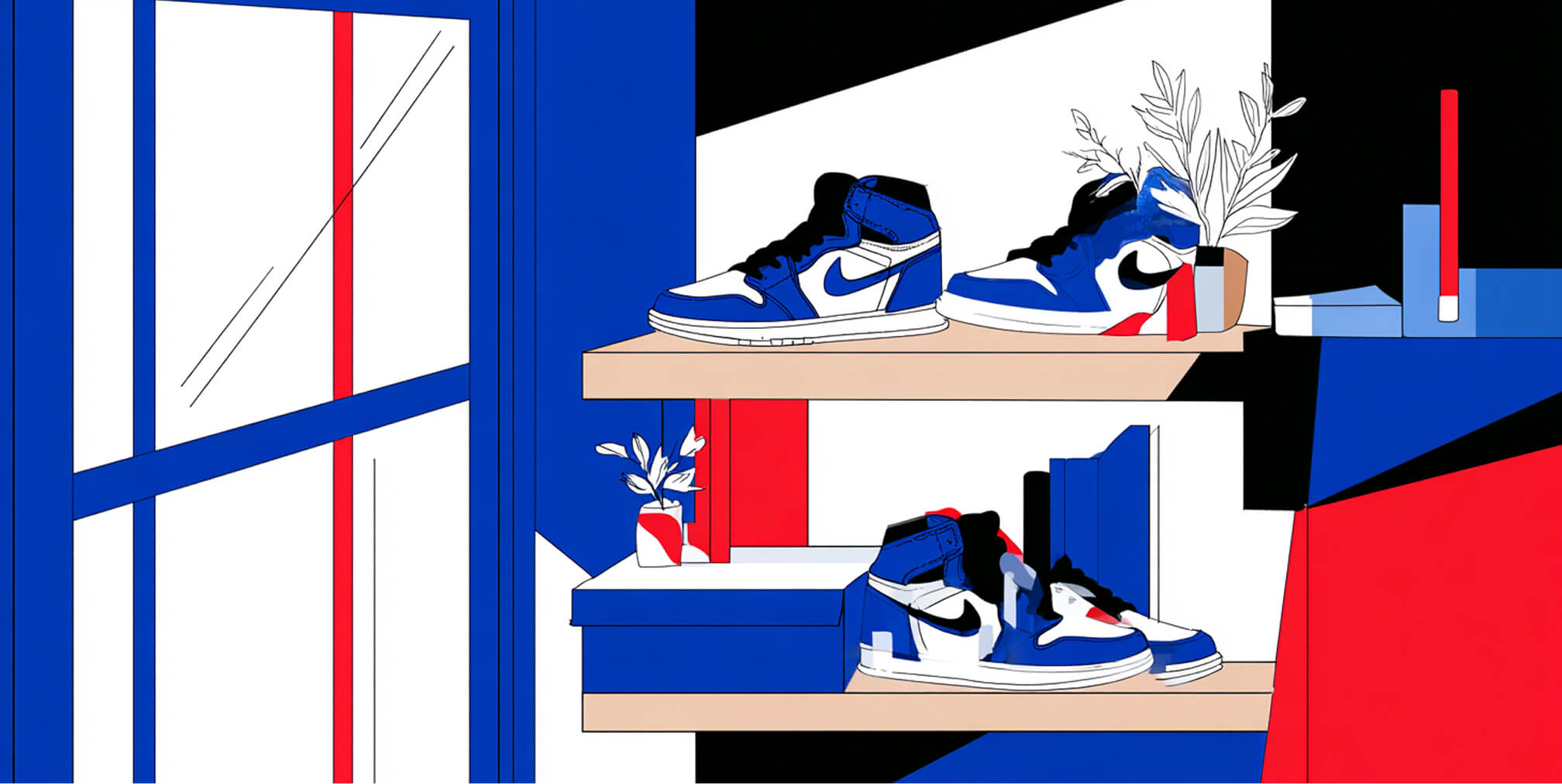 Sneakers displayed on shelves in a modern retail setting, representing product merchandising in streetwear brands.