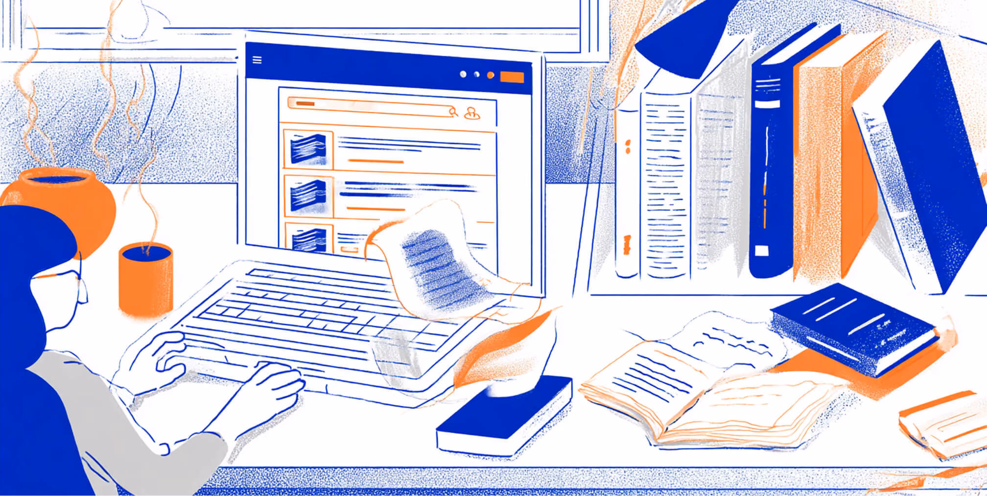 Person working on a laptop surrounded by books and notes, representing research, content creation, and SEO-driven brand strategy.