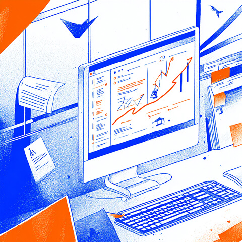 Computer screen displaying analytics and upward graphs, representing SEO performance growth and data tracking.