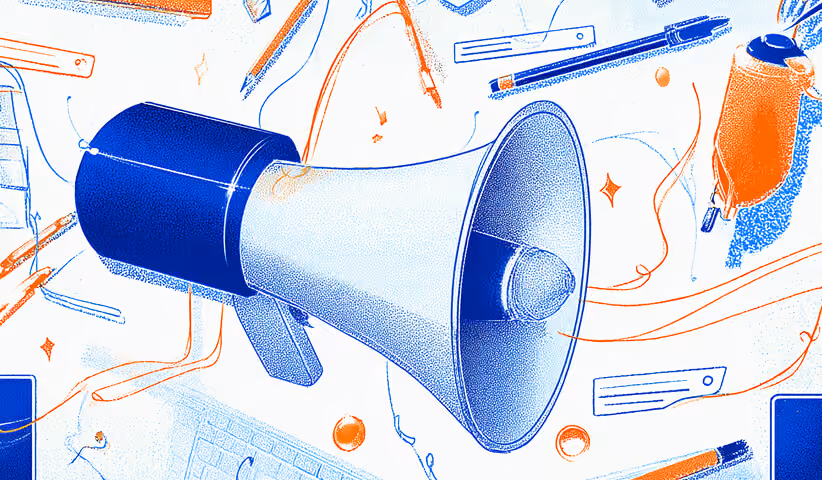 Megaphone surrounded by digital tools, representing brand amplification and content distribution.