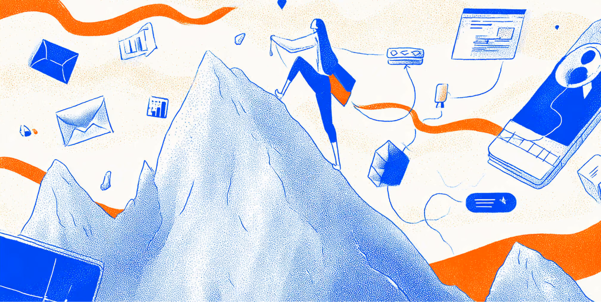 Person climbing a mountain with digital icons, representing long-term growth, authority, and SEO success journey.