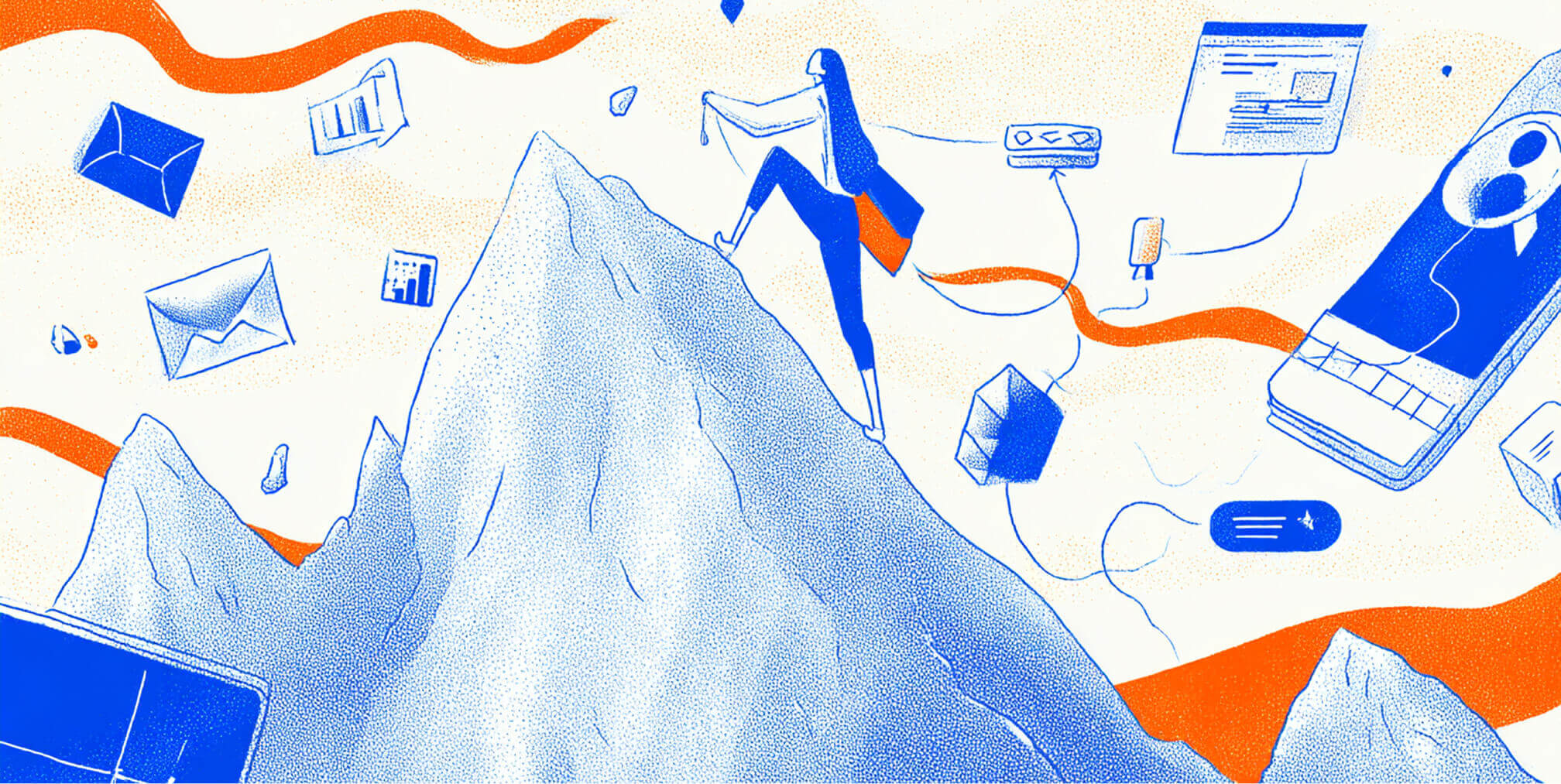 Person climbing a mountain with digital icons, representing long-term growth, authority, and SEO success journey.