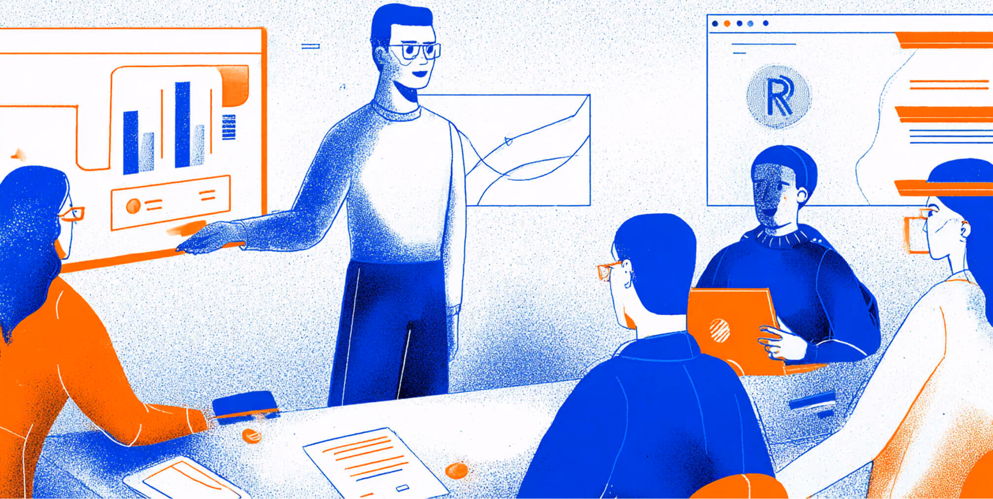 Team reviewing charts and data in a meeting, representing performance analysis and continuous SEO improvement.