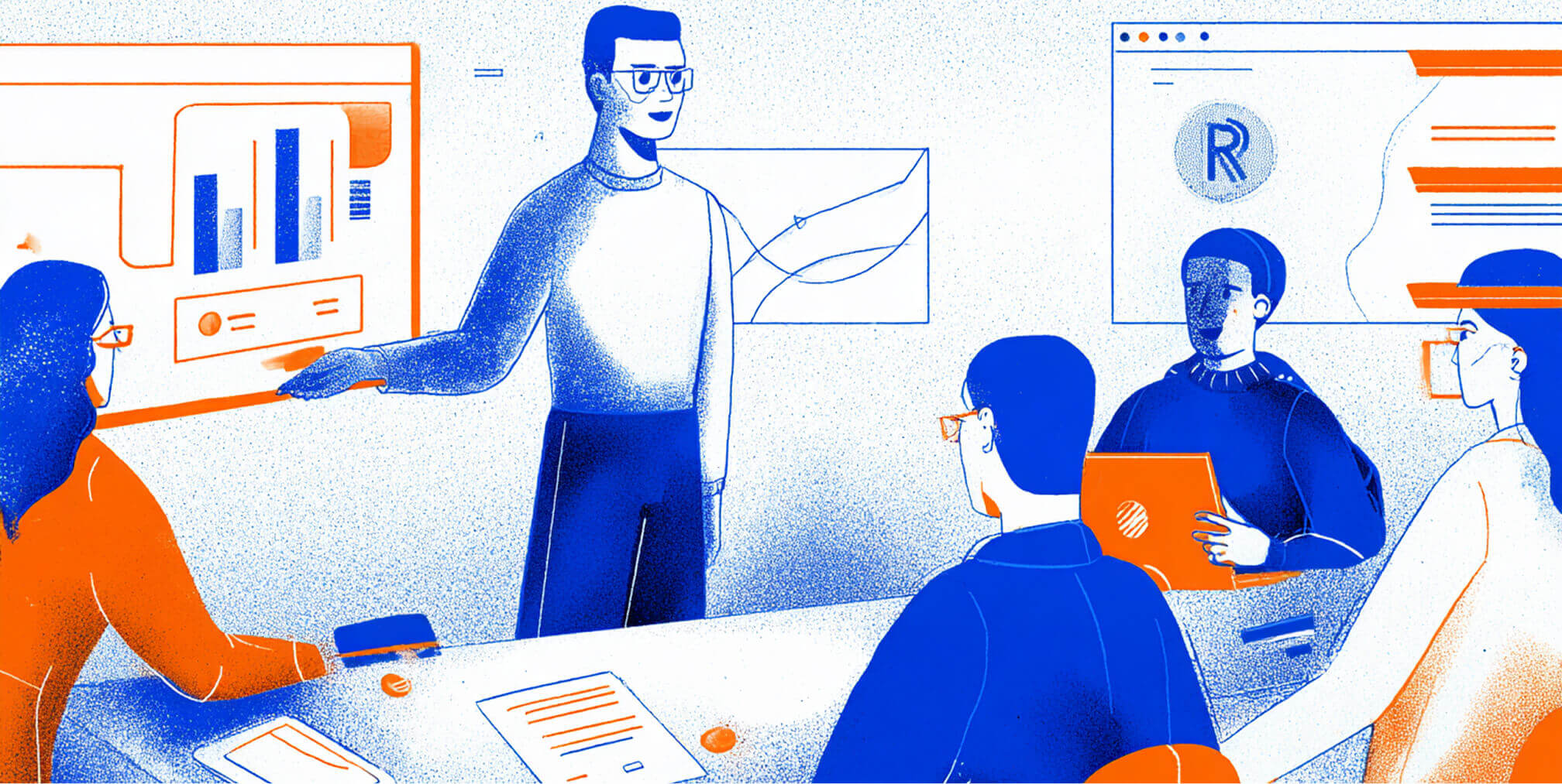 Team reviewing charts and data in a meeting, representing performance analysis and continuous SEO improvement.