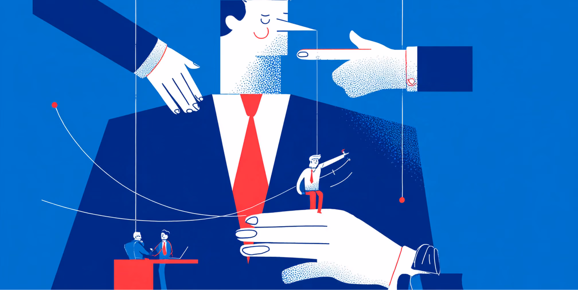 Large business figure controlled by multiple hands like a puppet, representing influence, perception, and trust shaping in professional services branding.