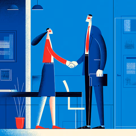 Two professionals shaking hands in an office, representing trust, partnership, and client relationships.