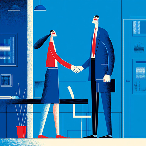 Two professionals shaking hands in an office, representing trust, partnership, and client relationships.