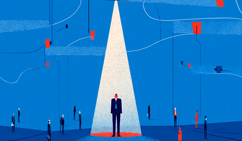 Individual standing under a spotlight among others, representing differentiation and positioning in a competitive market.