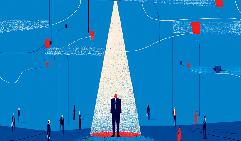 Individual standing under a spotlight among others, representing differentiation and positioning in a competitive market.