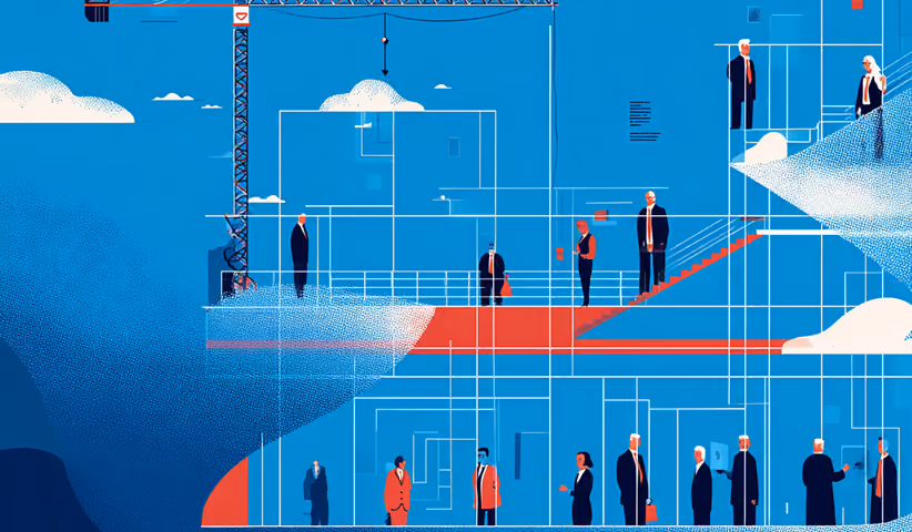 Architectural structure with professionals at different levels, representing structured brand systems and organizational clarity.