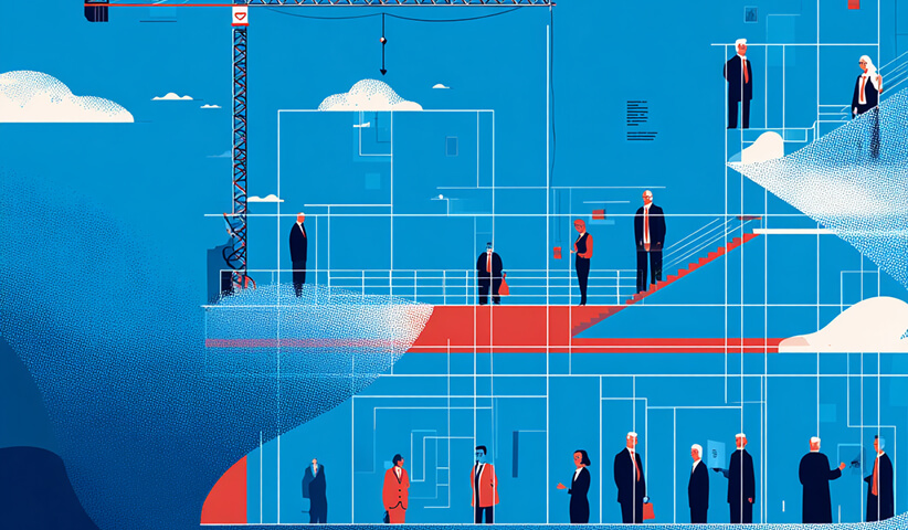 Architectural structure with professionals at different levels, representing structured brand systems and organizational clarity.