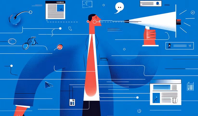 Person speaking into a megaphone with digital elements, representing communication strategy and brand messaging.