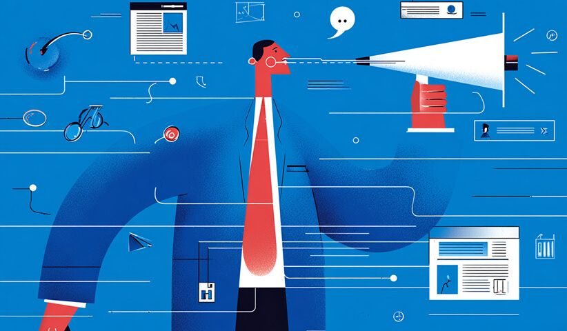 Person speaking into a megaphone with digital elements, representing communication strategy and brand messaging.