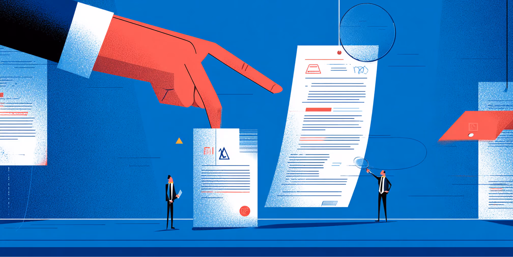 Large hand selecting a document while others analyze, representing decision-making, credibility, and evaluation of services.