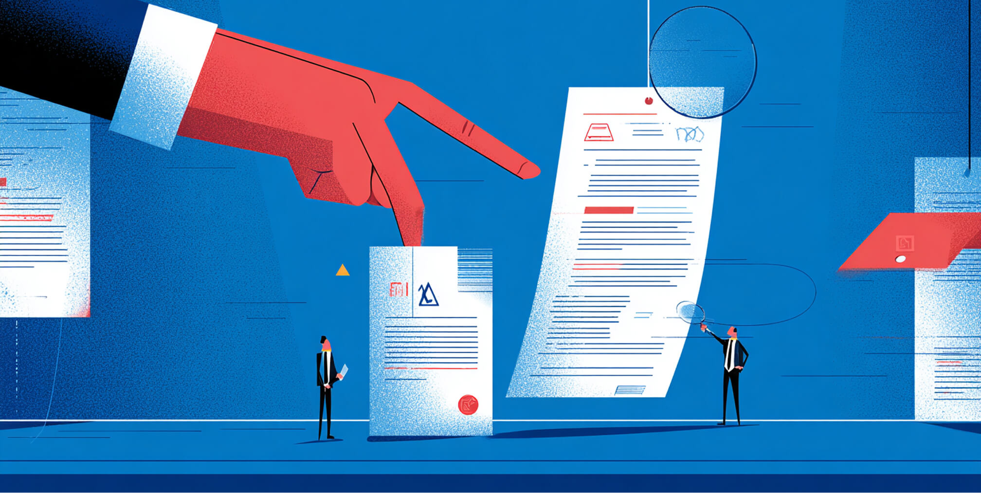 Large hand selecting a document while others analyze, representing decision-making, credibility, and evaluation of services.