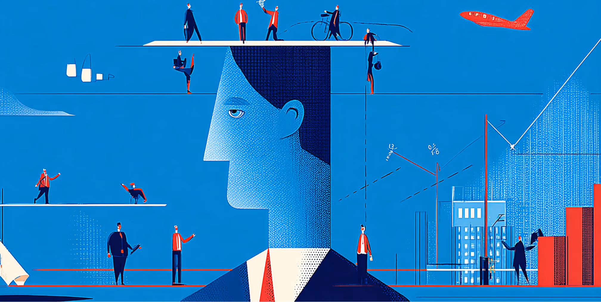 Profile of a business figure with multiple people and data elements around, representing brand perception, influence, and market presence.