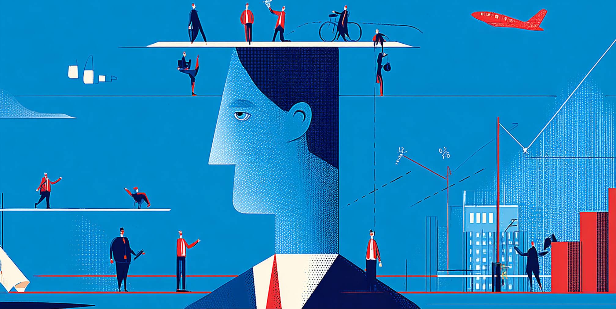 Profile of a business figure with multiple people and data elements around, representing brand perception, influence, and market presence.