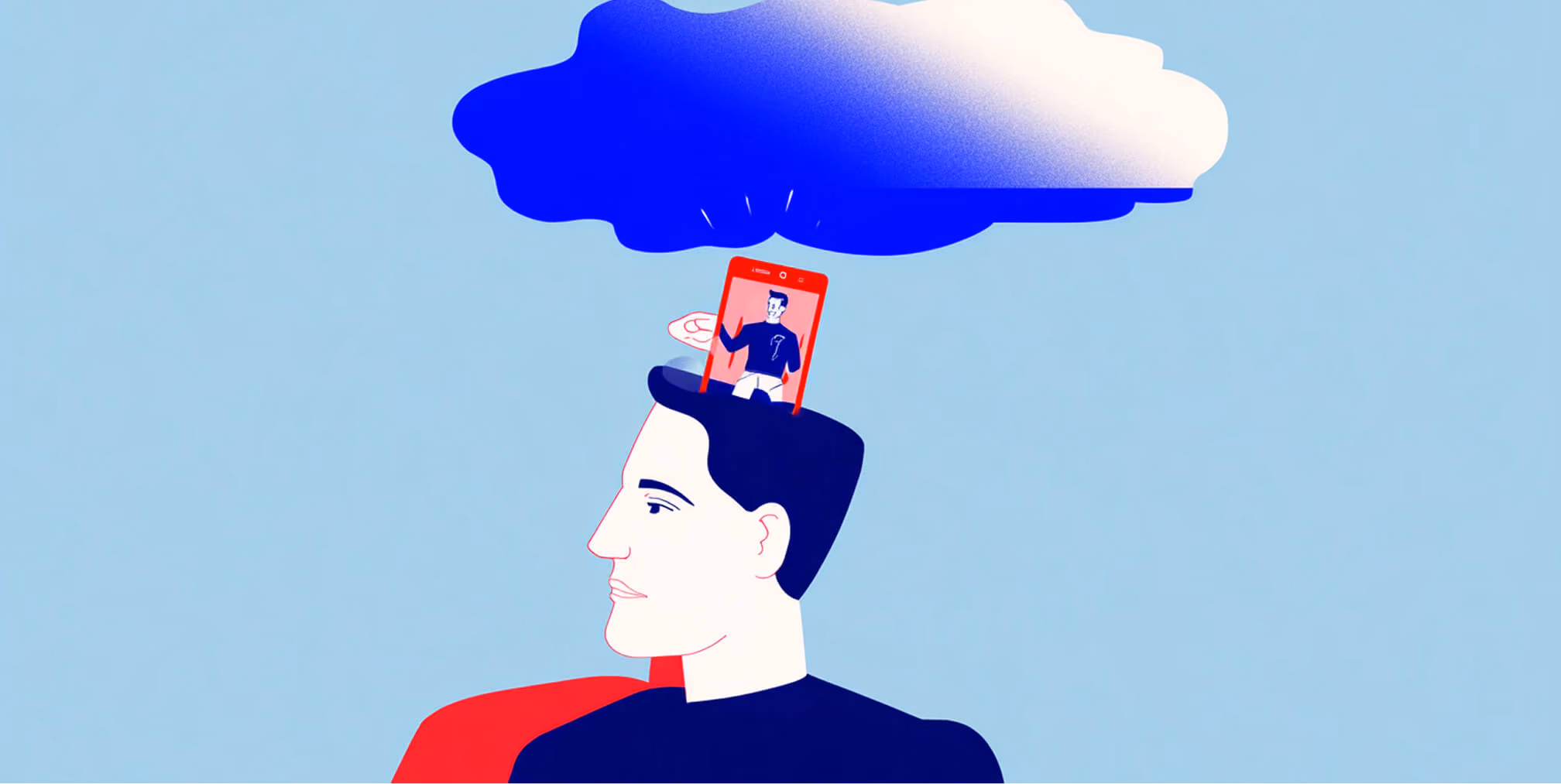 Illustration of a person with an open head revealing a smartphone projecting content into a cloud, representing ideas powered by social media and digital thinking.