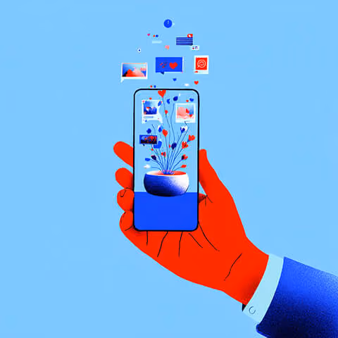 Hand holding a smartphone with floating social media icons and content, representing digital engagement and content creation.