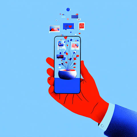 Hand holding a smartphone with floating social media icons and content, representing digital engagement and content creation.