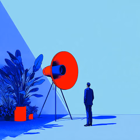 Person standing in front of a large megaphone, representing amplification of brand messages across social platforms.