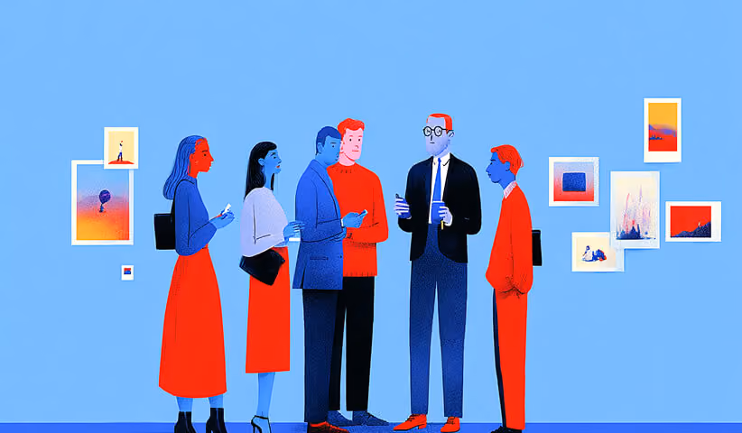 Group of people discussing artwork in a gallery, representing collaboration and creative ideation.