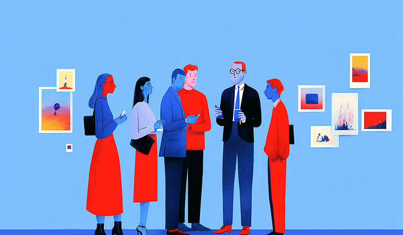 Group of people discussing artwork in a gallery, representing collaboration and creative ideation.