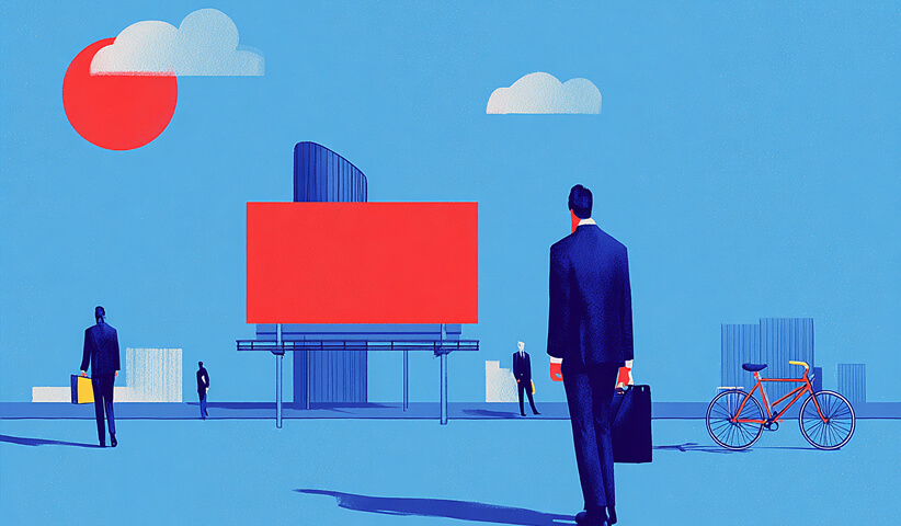 Person walking toward a large billboard in a city, representing brand visibility and outdoor digital influence.