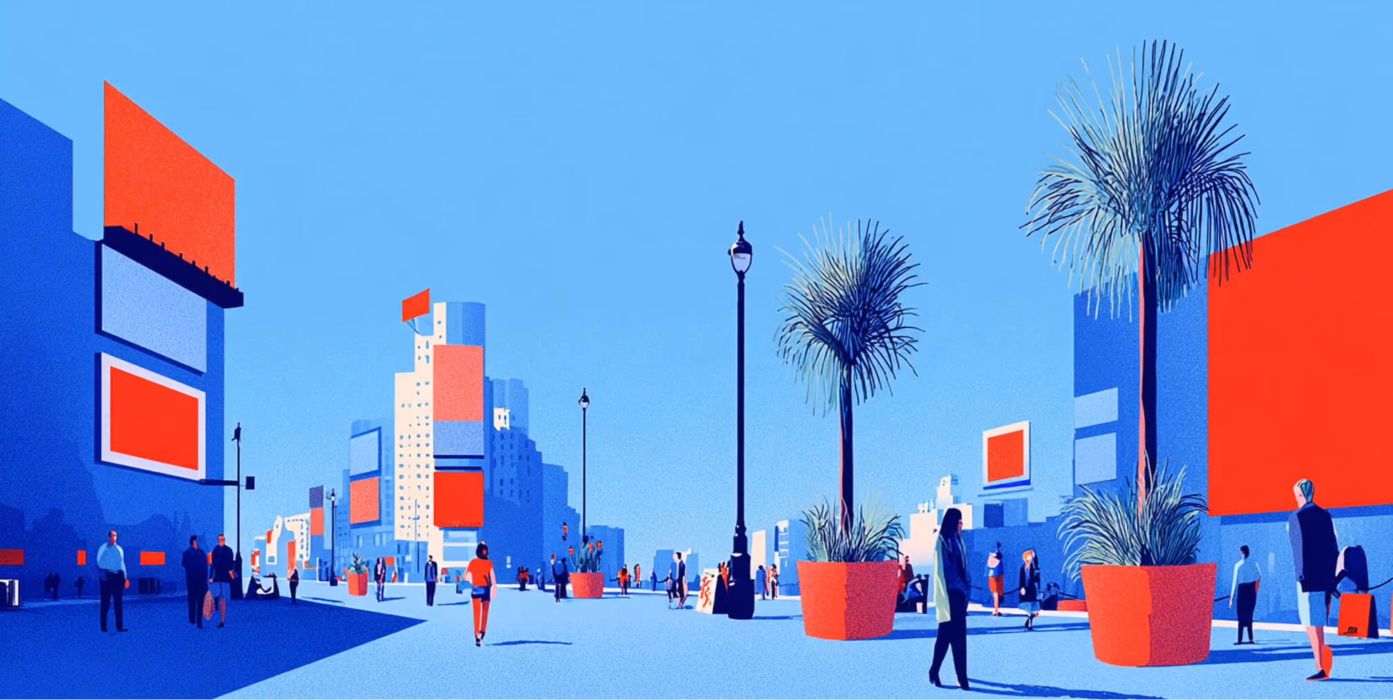 Urban scene with large blank billboards and pedestrians, representing advertising spaces and audience reach.