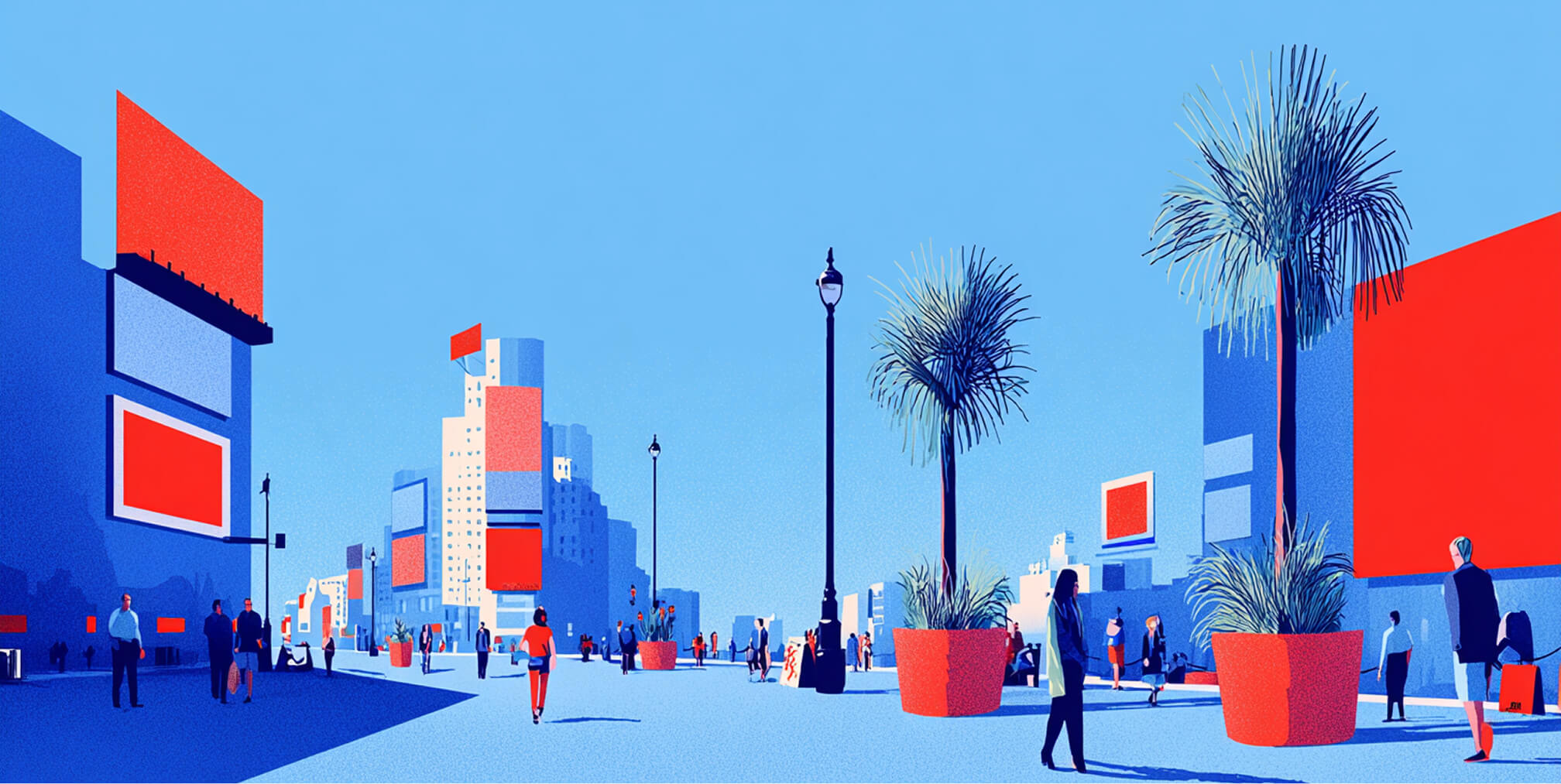Urban scene with large blank billboards and pedestrians, representing advertising spaces and audience reach.