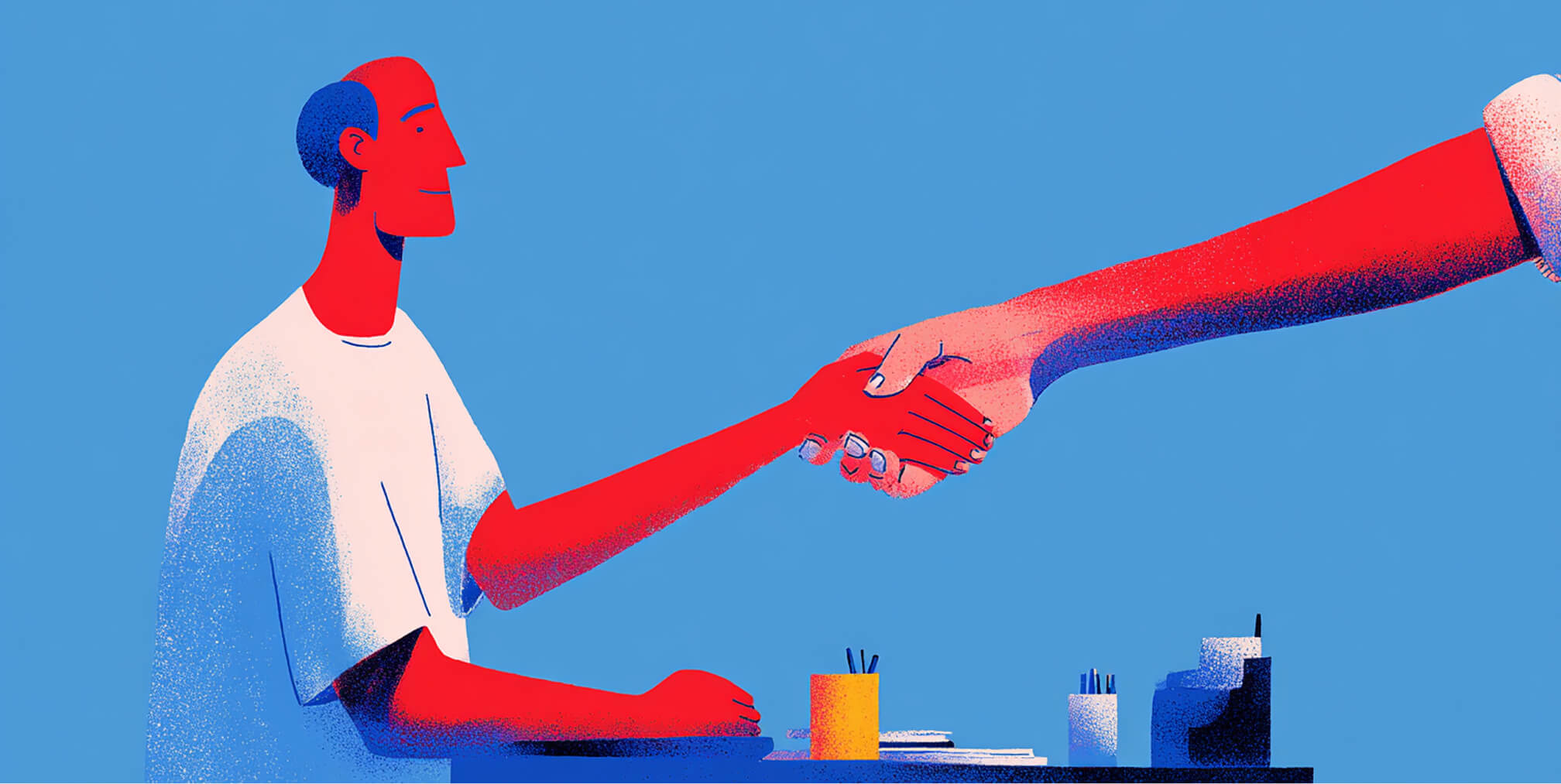 Two individuals shaking hands across a desk, representing partnerships, collaboration, and client relationships.