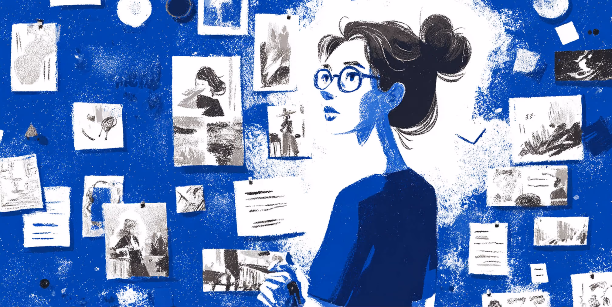 Illustration of a creative professional surrounded by pinned images and notes on a wall, representing inspiration, research, and brand concept development.