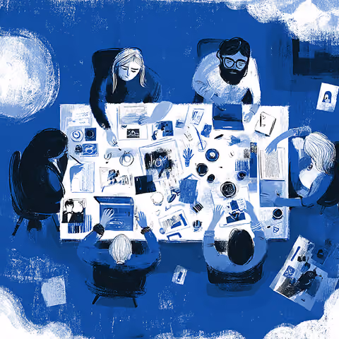 Team gathered around a table reviewing printed visuals and materials, representing collaborative brainstorming and brand strategy work.