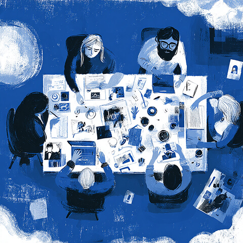 Team gathered around a table reviewing printed visuals and materials, representing collaborative brainstorming and brand strategy work.