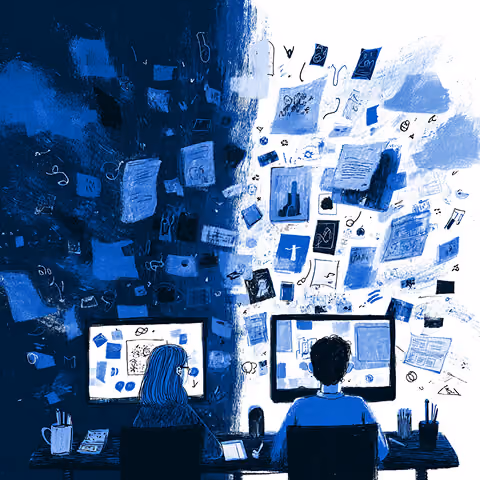 Two designers working at computers with ideas and visuals flowing between screens, representing digital design and creative execution.
