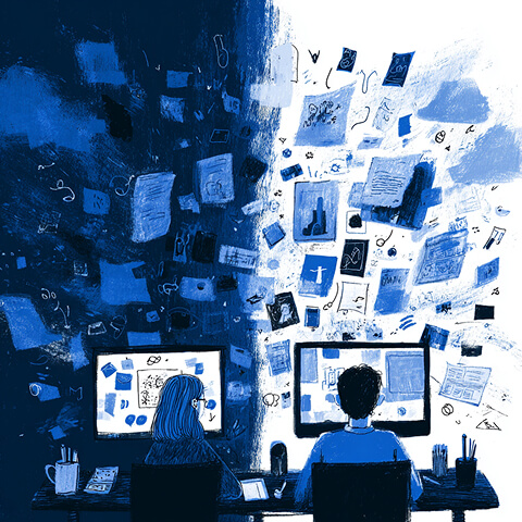 Two designers working at computers with ideas and visuals flowing between screens, representing digital design and creative execution.