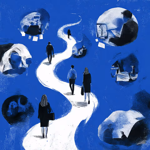 People walking along a winding path surrounded by thought bubbles, representing brand journey mapping and strategic direction.