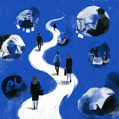 People walking along a winding path surrounded by thought bubbles, representing brand journey mapping and strategic direction.