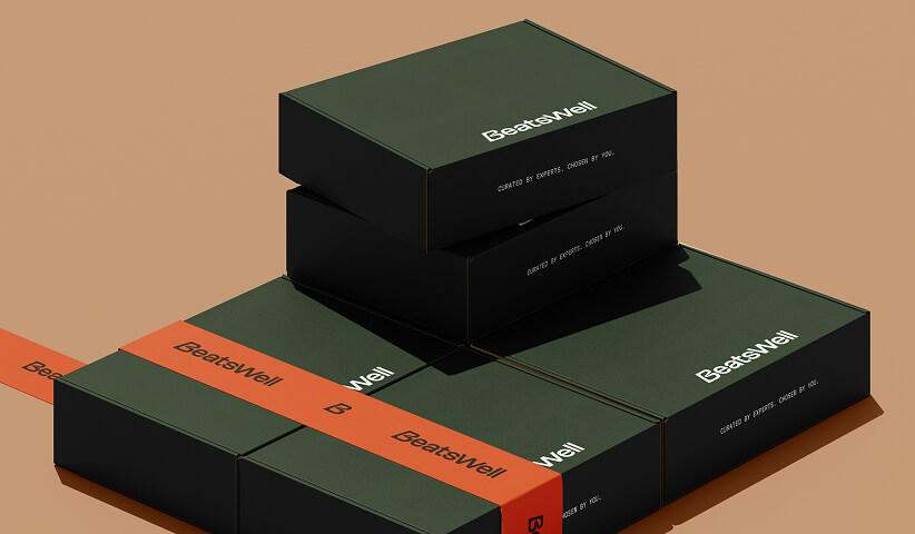 Stacked product packaging boxes with branding, representing packaging design and product presentation.