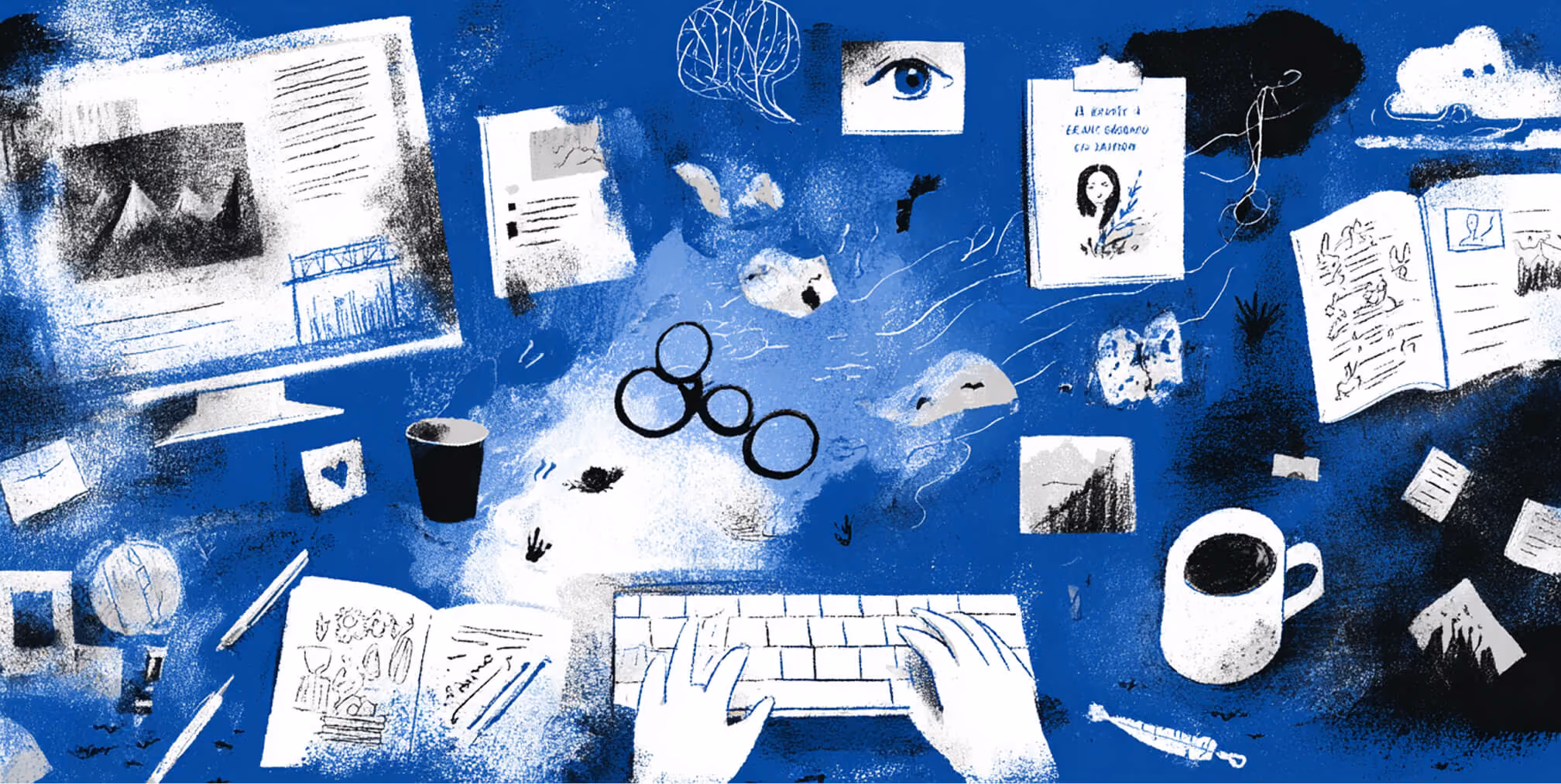 Workspace filled with creative tools, sketches, and floating ideas, representing ongoing ideation and content creation.