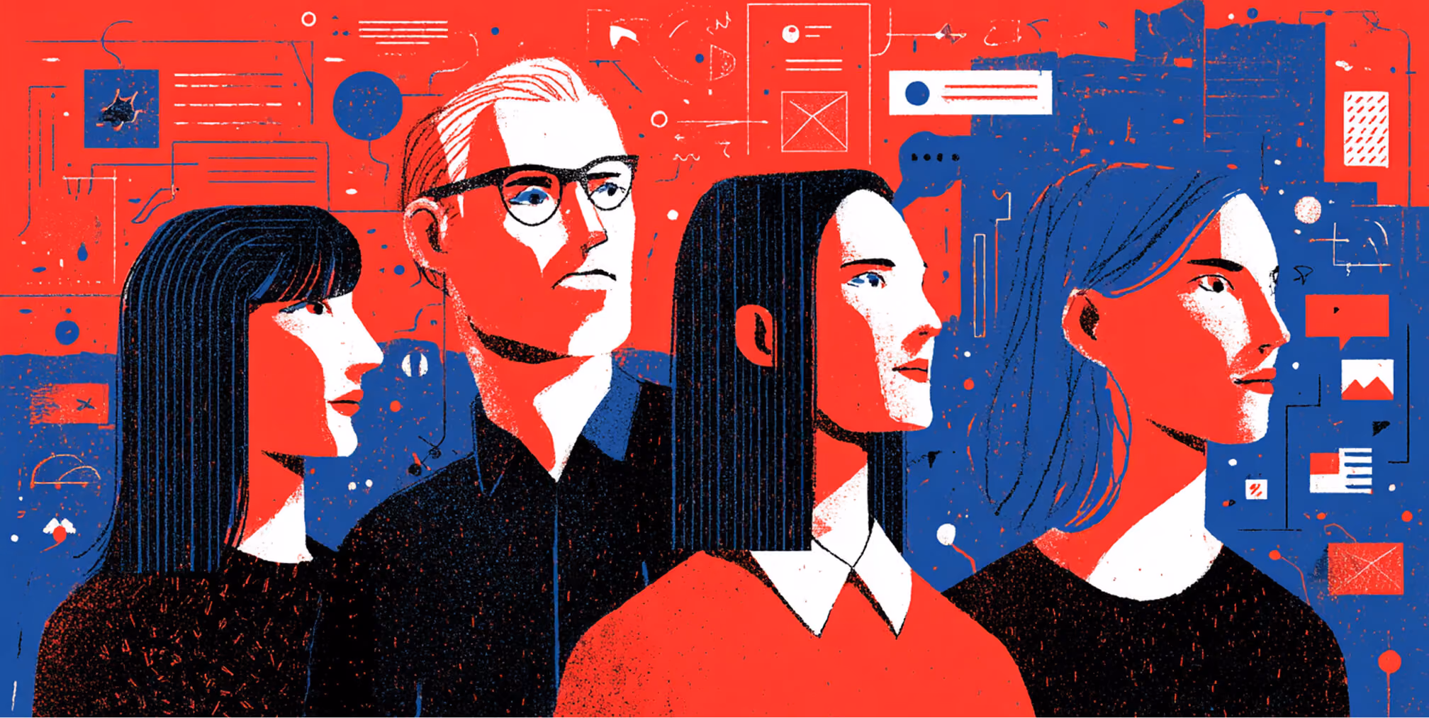 Group of professionals looking forward with abstract UI elements and data visuals behind them, representing a forward-thinking digital branding strategy.