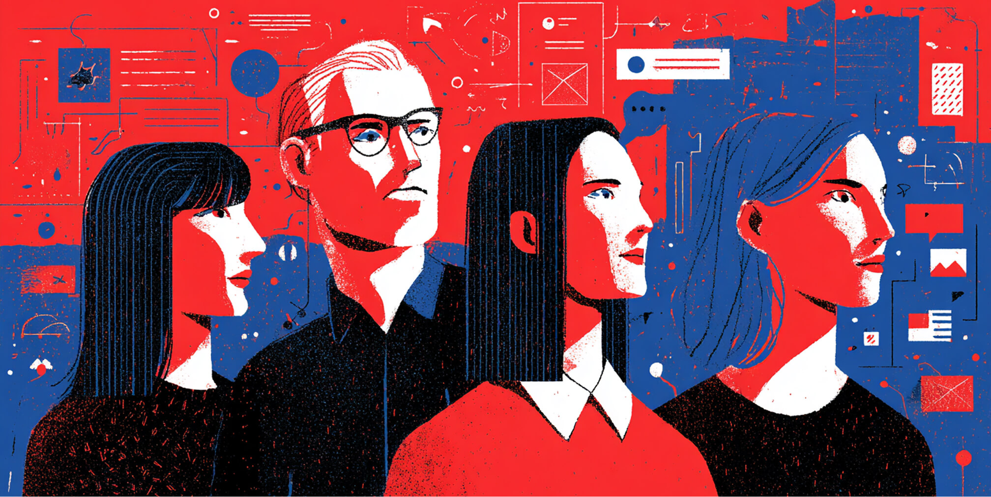 Group of professionals looking forward with abstract UI elements and data visuals behind them, representing a forward-thinking digital branding strategy.