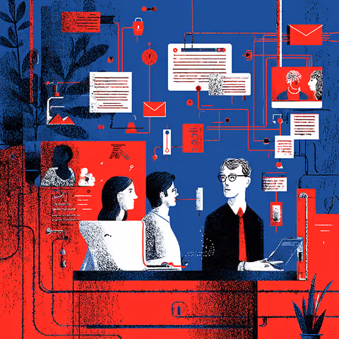Team collaborating at a desk surrounded by connected digital elements like emails, messages, and content blocks, representing integrated digital branding systems.