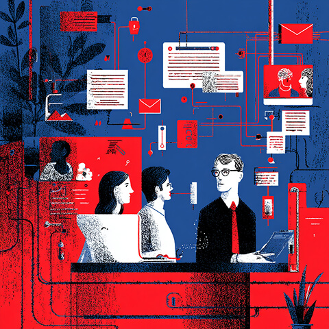 Team collaborating at a desk surrounded by connected digital elements like emails, messages, and content blocks, representing integrated digital branding systems.