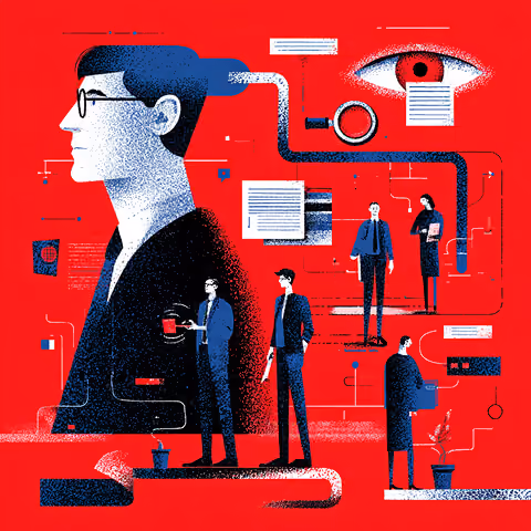 Large profile illustration connected to various digital touchpoints and people, representing user-centric branding and audience targeting.